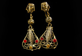 Antique pharaoh earrings - vintage egyptian revival set - czech rhinestone screw - £179.85 GBP