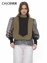 CHICEVER Women&#39;s Colorblock Turtleneck Mesh Blouse - £70.58 GBP+