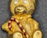 Ooops A Daisy - Gold Tone Teddy Bear Candy Cane Signed Brooch Pin Christmas - $16.82