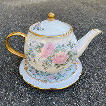 Vintage Sherrick Gold Edging &amp; Trim Rose Pattern Small Teapot with Saucer - £15.53 GBP
