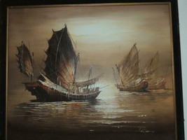 Peter Wong Painting 20&quot;x24&quot; Chinese Junk Boats P Wong Acrylic/Oil Brown unframed - £99.63 GBP