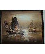 Peter Wong Painting 20&quot;x24&quot; Chinese Junk Boats P Wong Acrylic/Oil Brown ... - £100.39 GBP