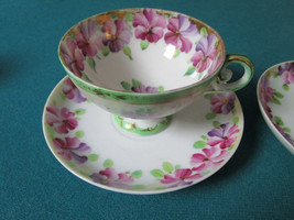 Midcentury Cups And Saucers Made In Japan Purple Pink Flowers Gorgeous - £51.37 GBP