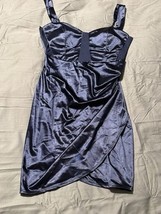 Emerald Sundae Navy Blue Satin Bodycon Tulip Hem Cocktail Dress Size Large - $182.78 MXN