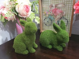 2 Green Faux Moss Flocked Easter Spring Bunny Rabbits Figurine Decor New - £39.86 GBP