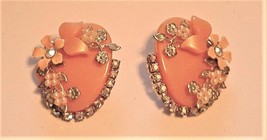 Thermoset? Plastic Peach Enamel Rhinestone Faux Pearl Clip-On Earrings V... - $89.95