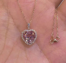 2Ct Heart Cut Simulated Pink Morganite Halo Pendant  14K White Gold Plated 18&quot; - £32.53 GBP