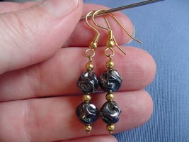 (EE-323) round nugget Black hematite bead gold wire dangle pair of EARRINGS - £7.62 GBP