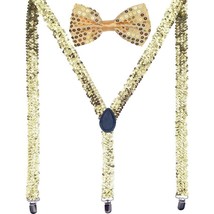 Men AB Elastic Band Gold Sequin Suspender With Matching Polyester Bowtie - £3.94 GBP