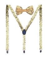 Men AB Elastic Band Gold Sequin Suspender With Matching Polyester Bowtie - £3.94 GBP