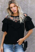 Embroidered Black Floral Puff Sleeve Blouse, Women&#39;s Tops - £27.42 GBP