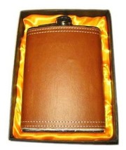 LARGE 8 OZ BROWN LEATHER WRAPPED FLASK IN GIFT BOX bar hip stainless ste... - $7.59