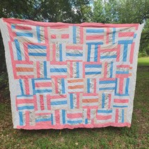 Vintage Handmade Quilt Topper - HUGE 70&quot; x 88&quot; Blue/Pink/White - Great Detail - £39.69 GBP