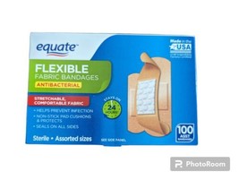 EQUATE Flexible Antibacterial Fabric Bandages 100 Count  Assorted Sizes Sterile - £7.47 GBP