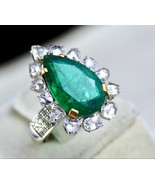 Natural Zambian Emerald Pear Cut Rose Cut Diamond 18K Gold Cocktail Ring - $17,581.57 CAD