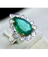 Natural Zambian Emerald Pear Cut Rose Cut Diamond 18K Gold Cocktail Ring - £10,228.17 GBP