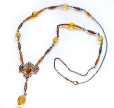 Antique Art Nouveau Lavalier Necklace Amber Glass Beads Rhinestones Gilt Finish - £118.42 GBP