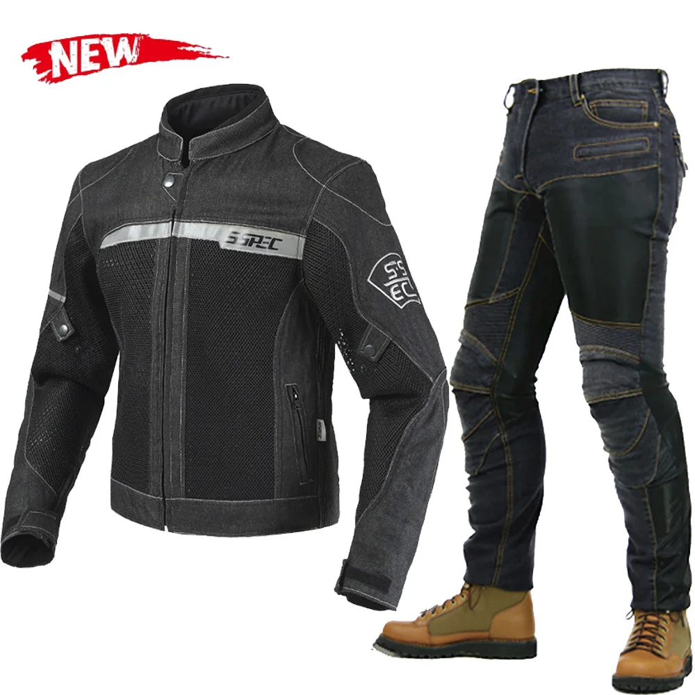 Black Denim Jacket Men&#39;s Motorcycle Riding Jean Jacket Pants Summer Breathable - £66.91 GBP+