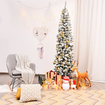 7.5Ft Unlit Hinged Snow Flocked Artificial Pencil Christmas Tree with 64... - $85.84