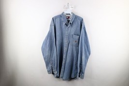 Vintage 90s Tommy Hilfiger Mens Large Distressed Denim Jean Button Down Shirt - £39.43 GBP