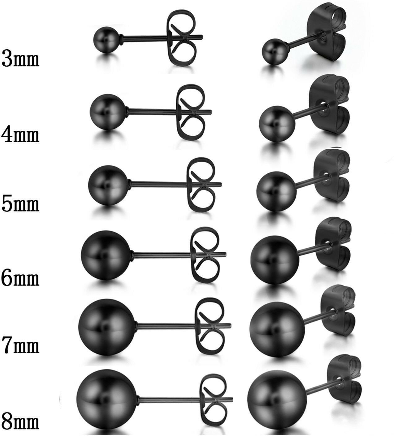 12pcs Stainless Steel Mens Black Round Ball Stud Earrings,3-8MM Assorted Size - $34.15