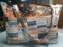 Bats Poison Labels Halloween Orange Black XL Purse/Project Bag Handmade 15x18 - £37.39 GBP