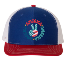 USA Peace Sign Snapback Trucker Hat RIchardson 112 Blue Red White - £14.78 GBP