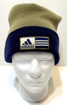 Adidas Reversible Knit Beanie Cap Blue and Tan Logo Warm One Size - $14.58
