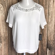 Forever 21 NWT Classy Shirt Blouse ~ Sz M ~ White ~ Short Sleeve ~ Beads - £10.65 GBP