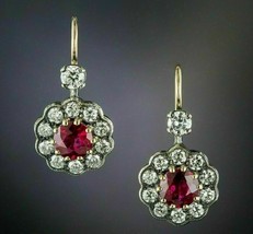 2Ct Simulated Cut Red Ruby &amp; Diamond Drop Dangle Earrings 14k Yellow Gold Plated - £54.29 GBP