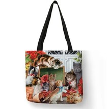 Oil Painting Cat Print Womens Designer Tote Bags Linen Reusable Large Capacity S - £89.41 GBP