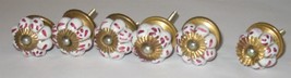 6 Vtg Brass &amp; White Porcelain Pink Accents Drawer Pulls Handles Knobs Ha... - £8.56 GBP