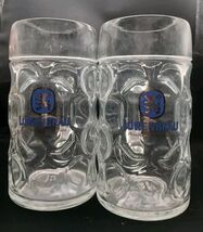 Pair Of Clear Lowenbrau Beer Large 8&quot; Glass Stein Mug 1L Dimpled Red Ton... - €17,31 EUR