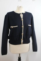 Vtg Paul Costelloe S Merino Wool Navy Blue Horizontal Rib Cardigan Sweat... - $29.45