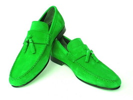 Men Suede Green Loafer Slip On Tassels Apron Toe Premium Quality Leather Shoes - £117.67 GBP+