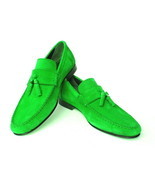 Men Suede Green Loafer Slip On Tassels Apron Toe Premium Quality Leather Shoes - $149.99 - $209.99