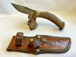 Custom Handmade FIxed Blade Knife &amp; Sheath Antler Stag Handle Pawprints ... - £118.47 GBP
