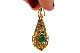 Tribal Vintage Earrings, Indian Brass Earrings with Green Quartz Stone - £15.02 GBP