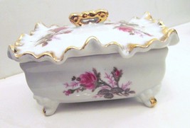 Vtg Italy Porcelain Box Storage Trinket Jewelry Floral Gilt Footed Lidded - £38.40 GBP