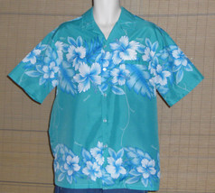 Kalena Fashions of Hawaii Aloha Shirt Turquoise with blue white Hibiscus Large - £15.65 GBP