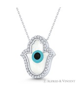 Hamsa Hand Pendant Evil Eye Charm MOP & CZ Crystal 925 Sterling Silver Necklace - $42.49