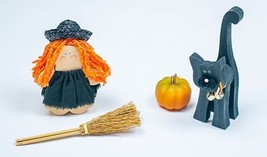 Halloween Fall Decor Lot Of 4 Figures Witch Broom Black Cat Pumpkin - £9.18 GBP