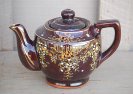 Old Vintage Handpainted Redware Teapot w Lid Brown Glaze Gold Highlights... - £19.60 GBP