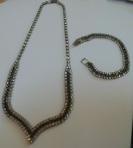 Vintage Silver-tone 3-Row Black &amp; Clear Rhinestone Necklace &amp; Bracelet - £23.22 GBP