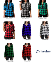 Womens Plaid Shirts Long Sleeve Blouses Office Shirt Cotton Lace up/V-Neck Tops - £11.46 GBP