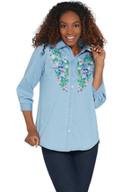 Joan Rivers Denim Shirt with Floral Embroidery Light Chambray Size Small A304734 - £12.73 GBP