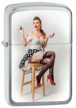Zippo Lighter: Pin-up Girl on Stool - Brushed Chrome  - $28.45