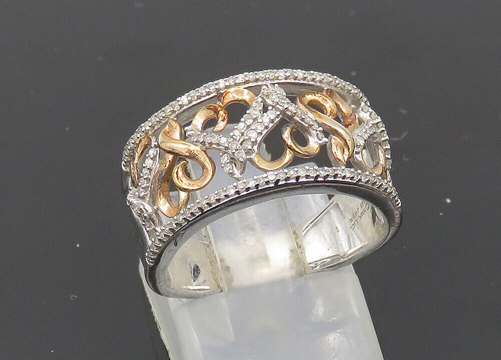 925 Silver - Vintage Shiny Genuine Diamonds Love Hearts Band Ring Sz 7 - RG20863 Item image 8