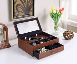 12 in. Brown Leatherette covered Tempered Glass Men Valet Box - £18.63 GBP