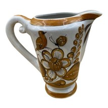 Vintage JAH Tonala Mexico Pottery 8” Pitcher Bird Flowers Butterflies Folk Art - £24.52 GBP